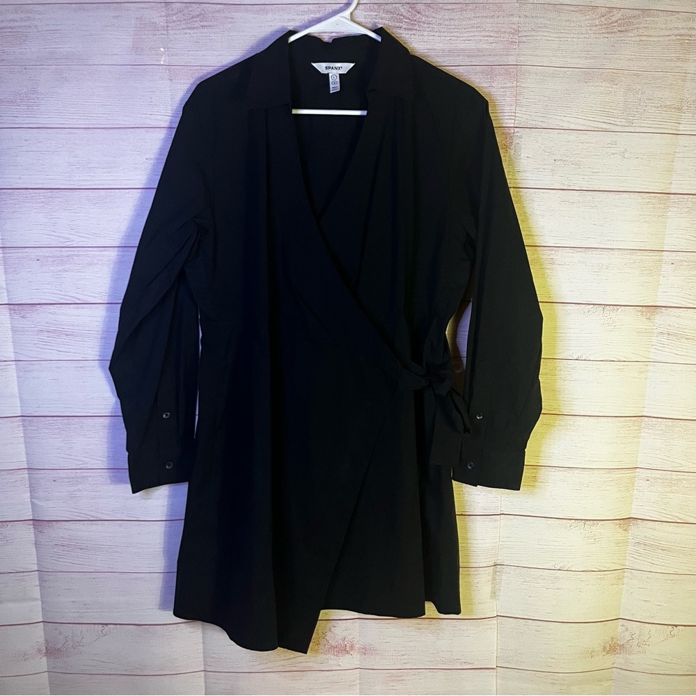 Spanx Black Poplin Long Sleeve Wrap Tie Dress Size Large